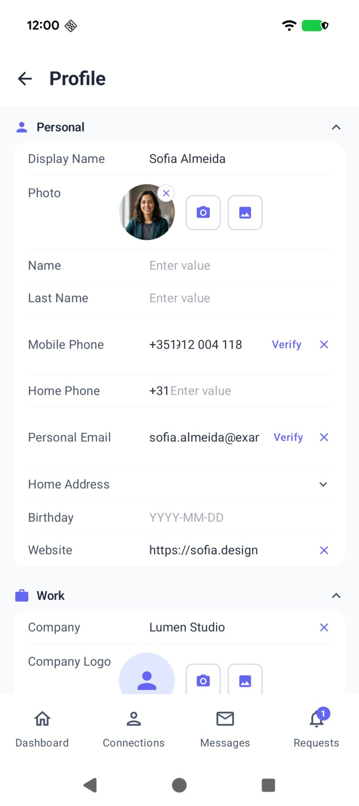 The allme app showing a profile with contact details