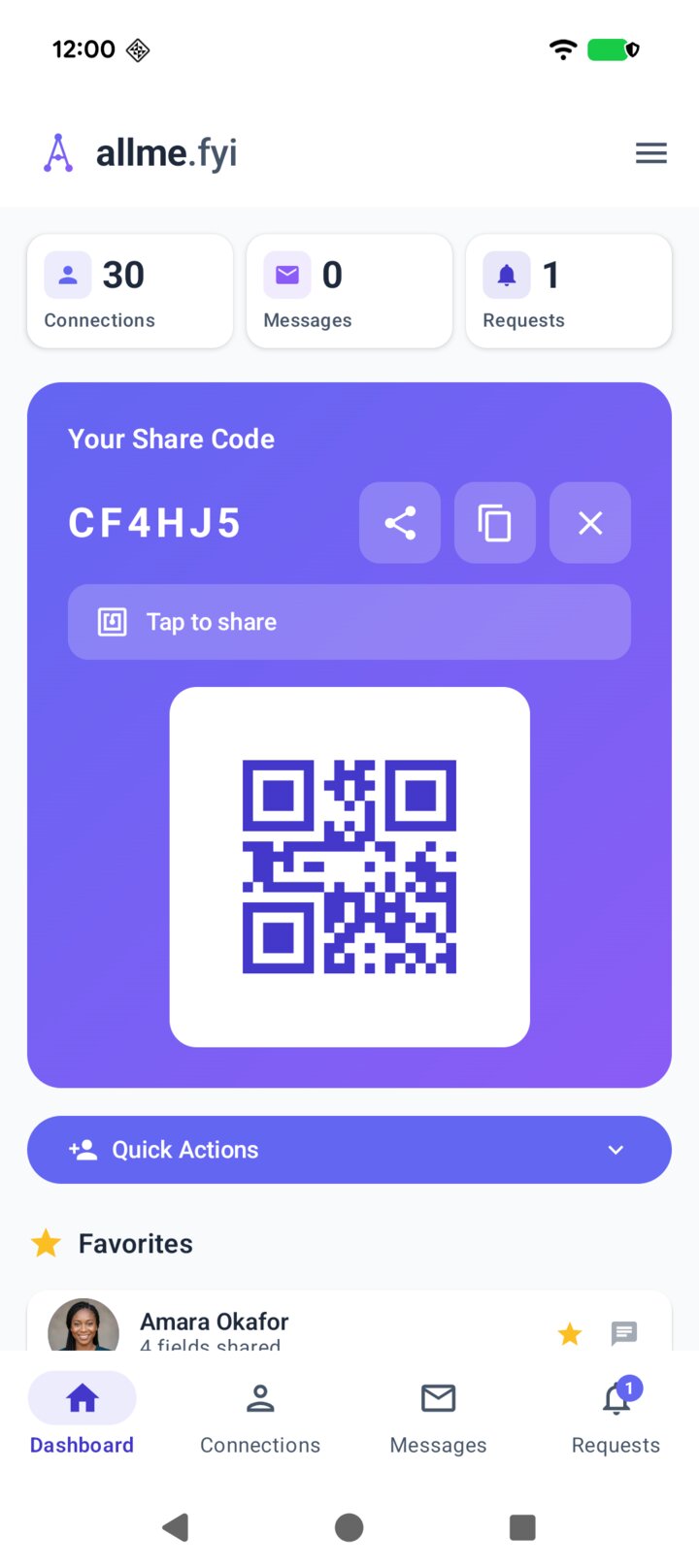 The allme app showing a share code with its QR code