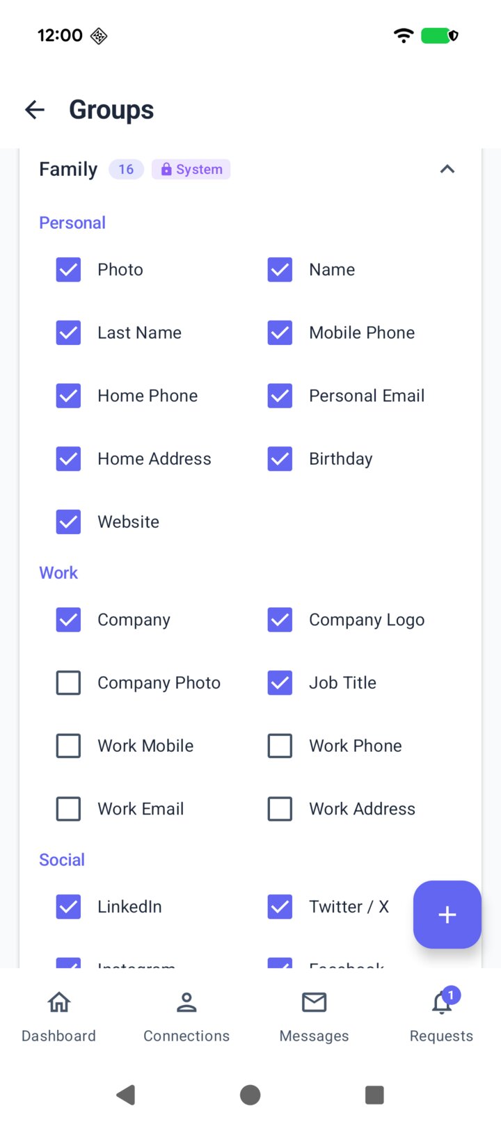 The allme app showing the groups that decide who sees which fields