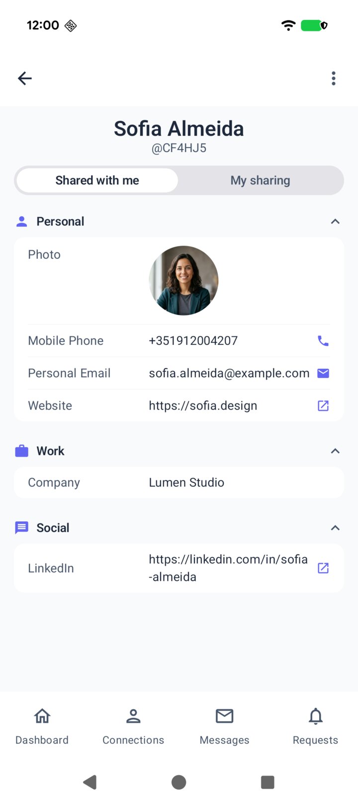 The allme app on a connection's phone showing the updated contact details
