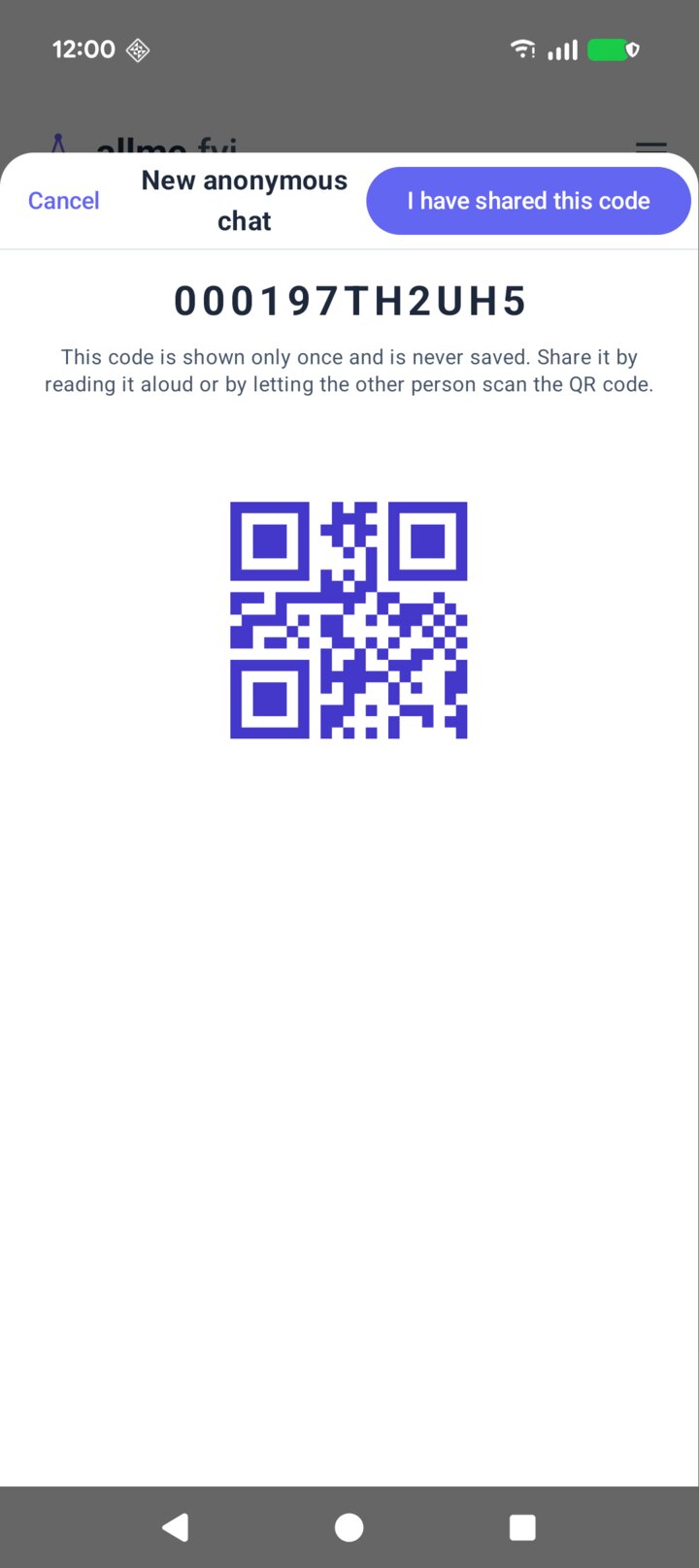 The allme app showing a new one-time anonymous code as text and as a QR code
