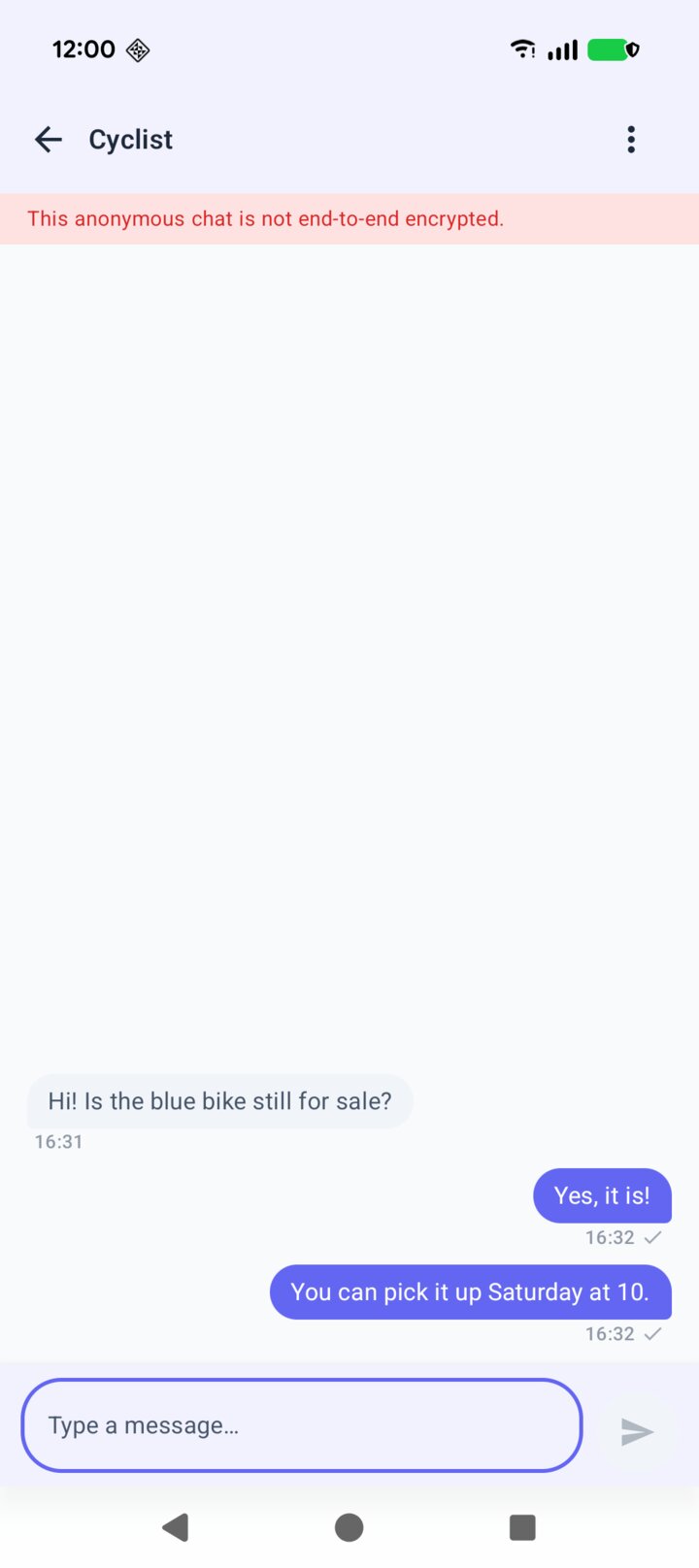 The allme app showing an anonymous chat under nicknames, with its not-encrypted notice
