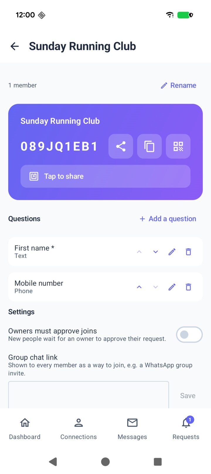 The allme app showing Amara's new bunch with its code and two questions: a required first name and an optional mobile number