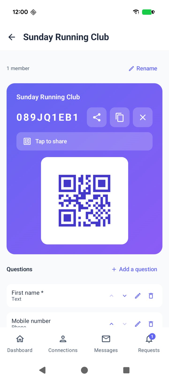 The allme app showing the bunch's code card with its QR code