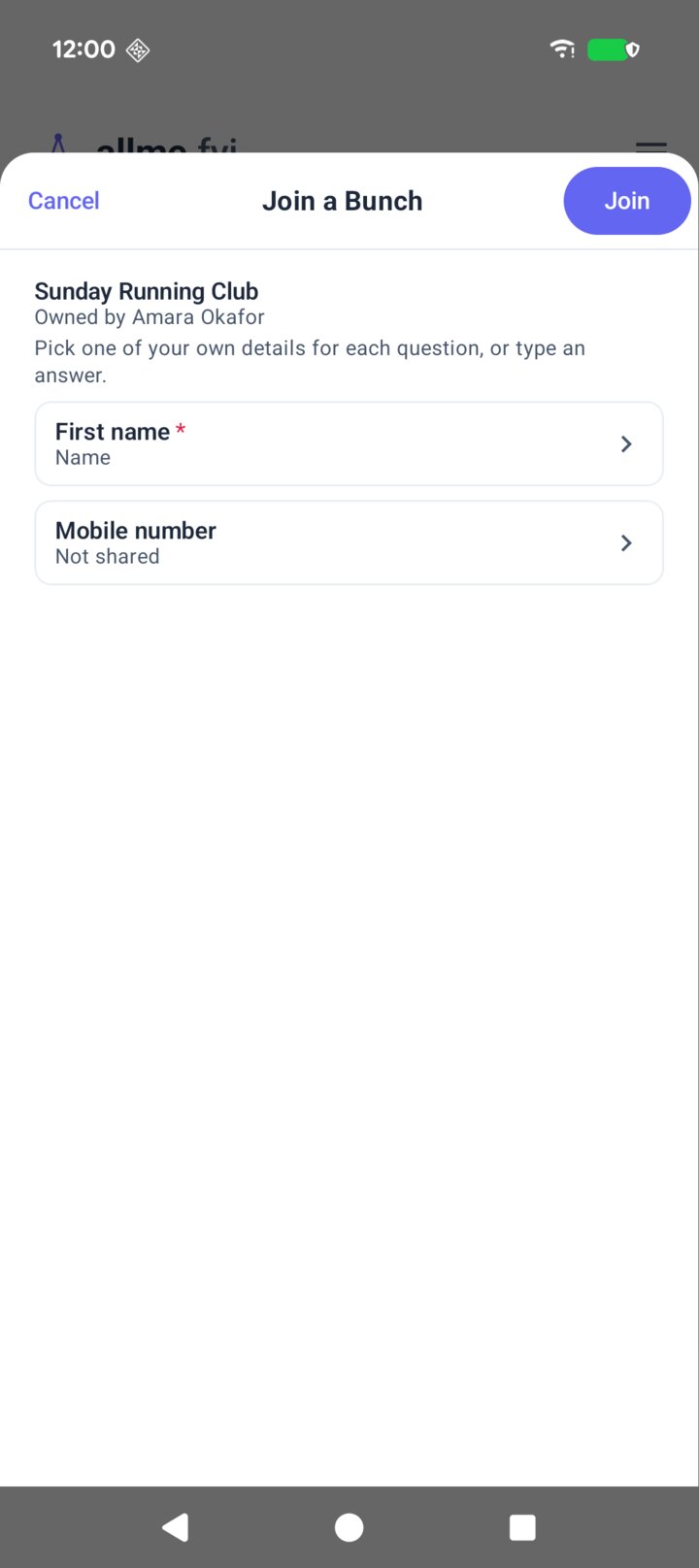 The allme app showing Sofia joining the bunch: her first name answers the required question and her mobile number is not shared