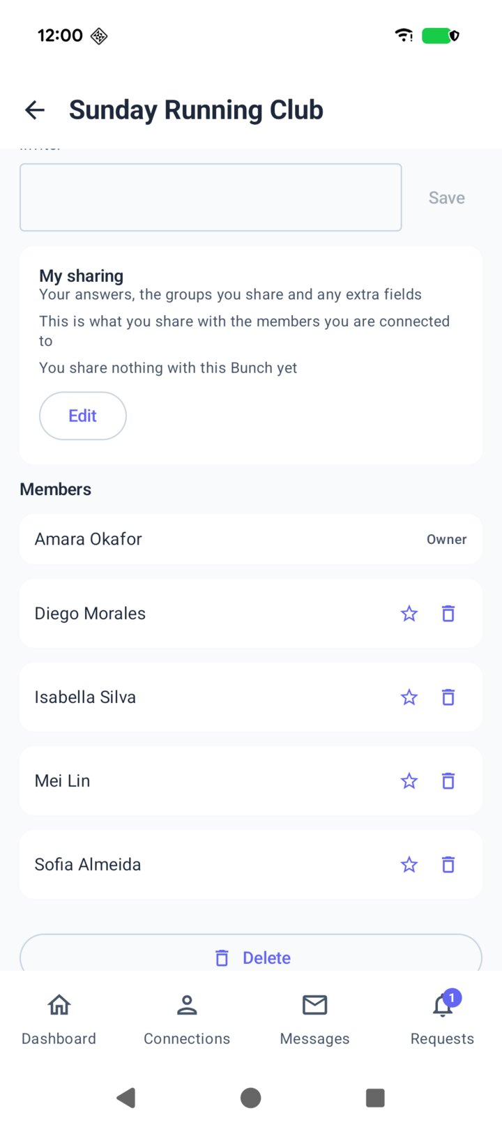 The allme app showing the bunch's members, with Amara as the owner