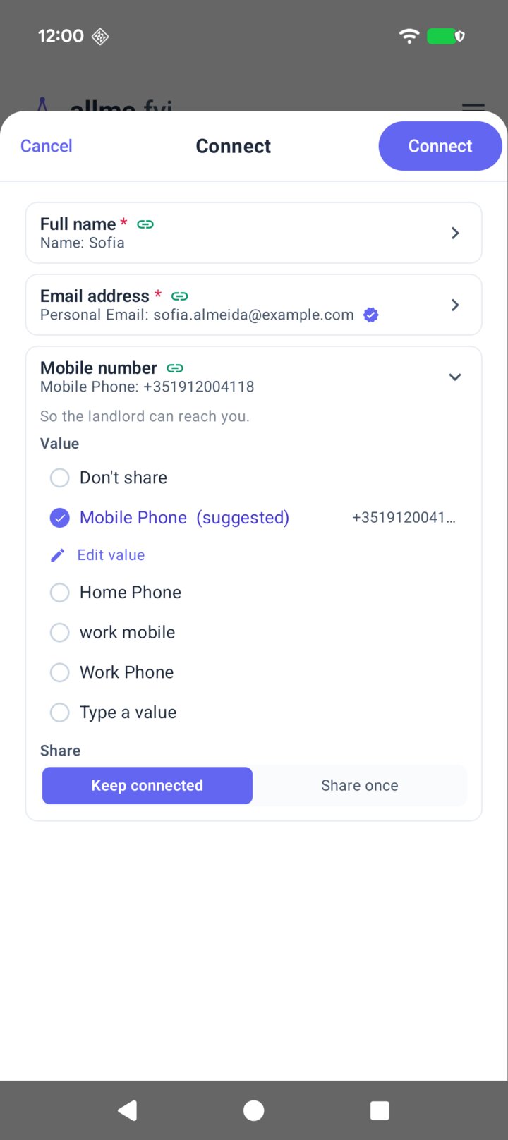 The allme Connect screen for a letting agency asking for full name, email address and mobile number, with Sofia choosing her mobile phone and Keep connected