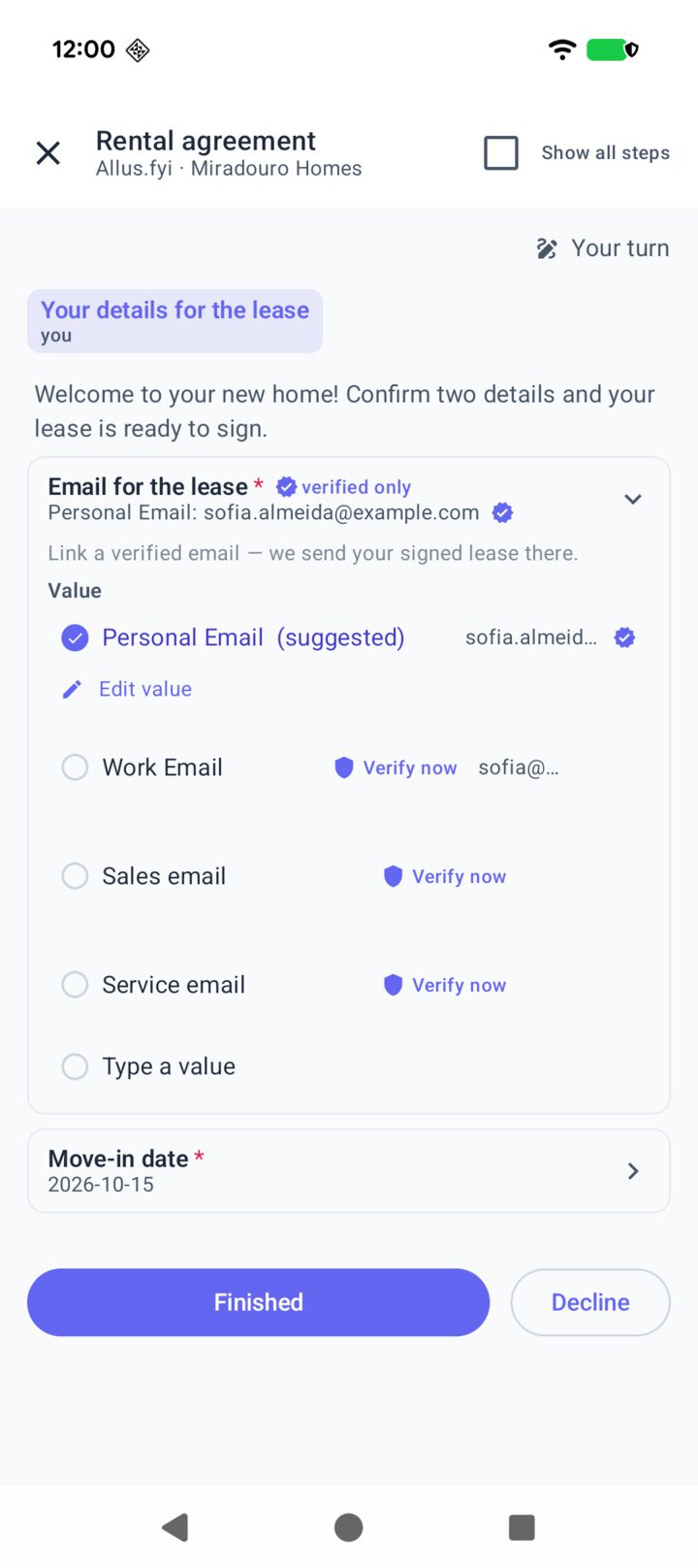 A contract step called Your details for the lease, where Sofia links her verified personal email to a field that accepts verified emails only