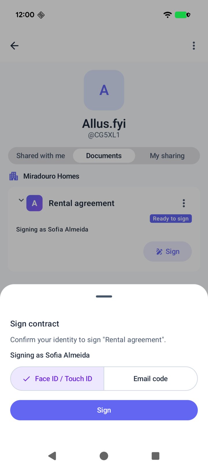 The Sign contract sheet for the rental agreement, signing as Sofia Almeida