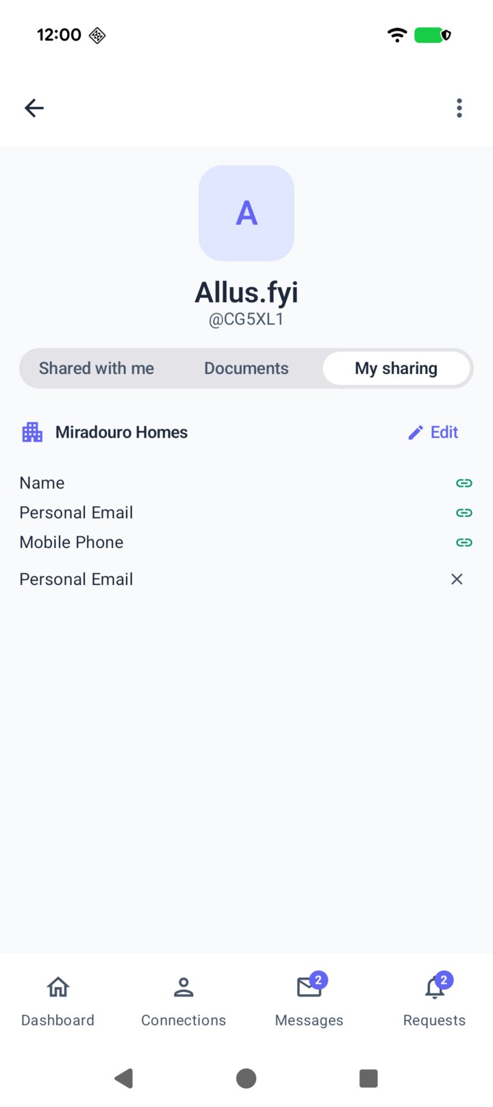 Sofia's company connection, listing the name, personal email and mobile phone she keeps connected with the letting agency