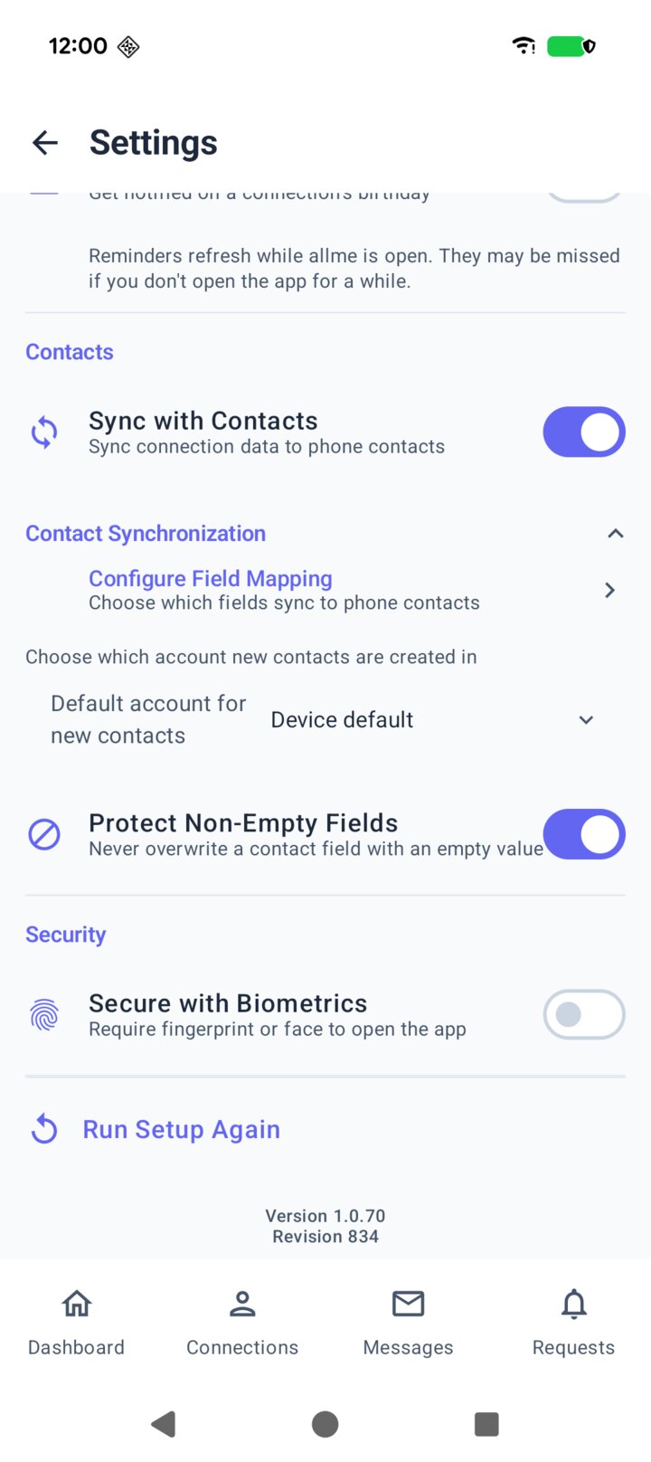 The allme app's settings with Sync with Contacts switched on, the field mapping, the account for new contacts and Protect Non-Empty Fields