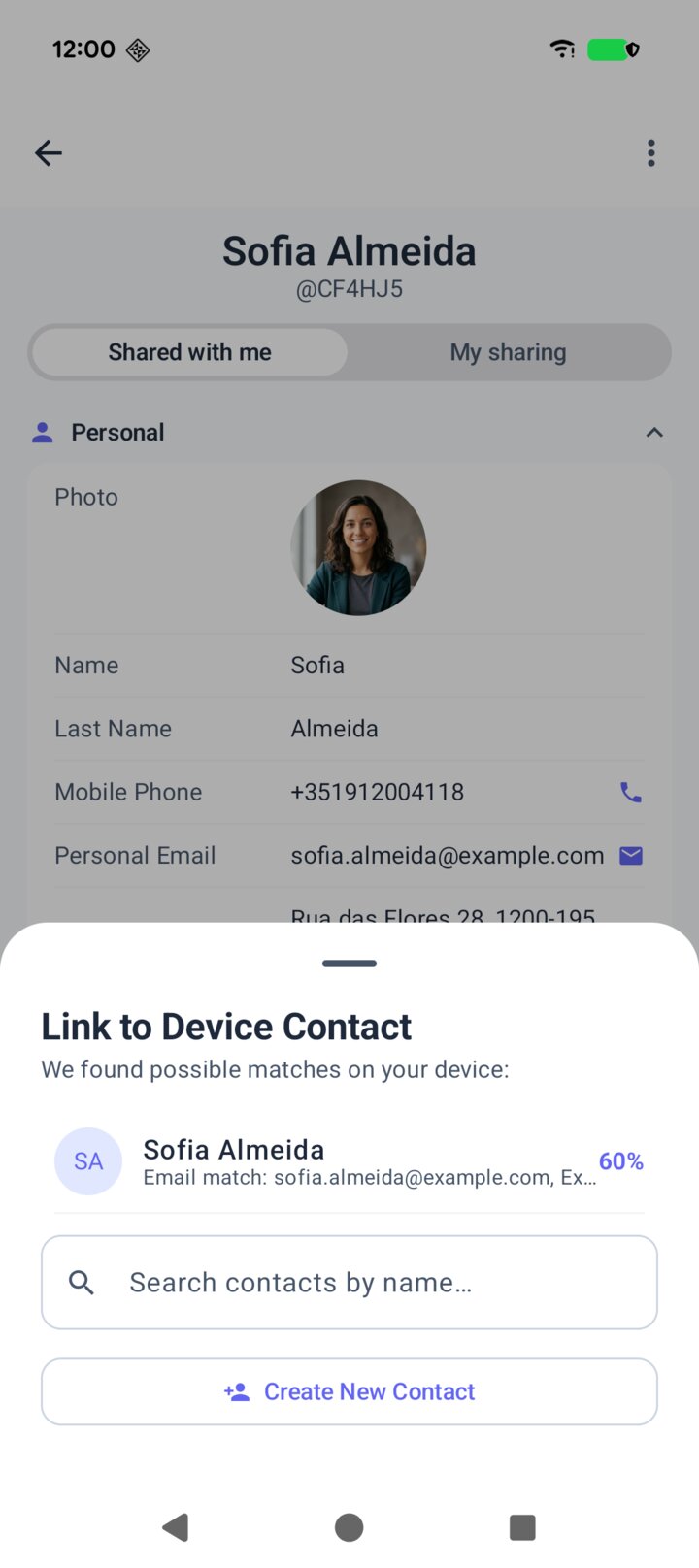 The allme app suggesting the Sofia Almeida contact on Yuki's phone as a match, with a search and Create New Contact