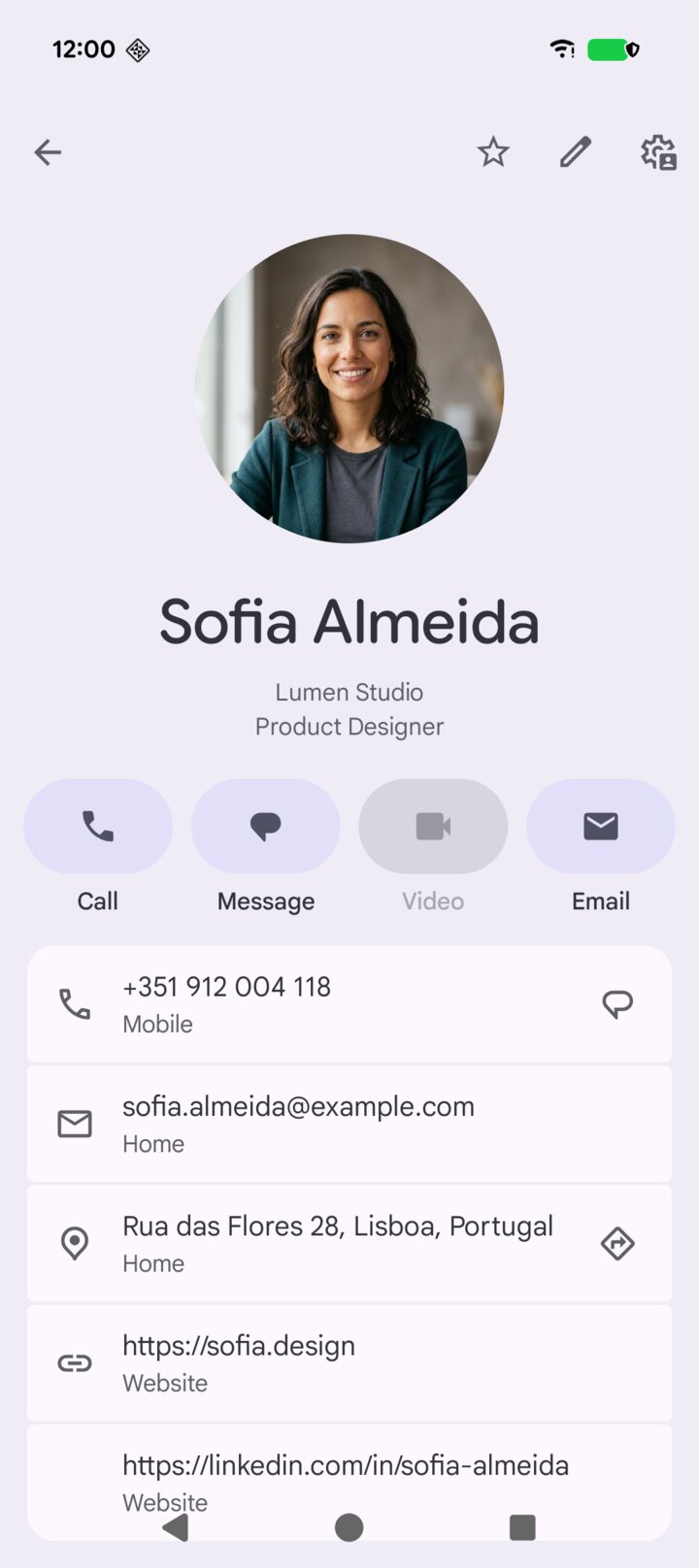 The phone's own contacts app showing Sofia Almeida with her photo, mobile number, email, home address and website