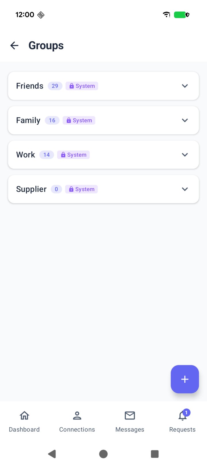 The allme app showing Sofia's groups: Friends, Family, Work and Supplier