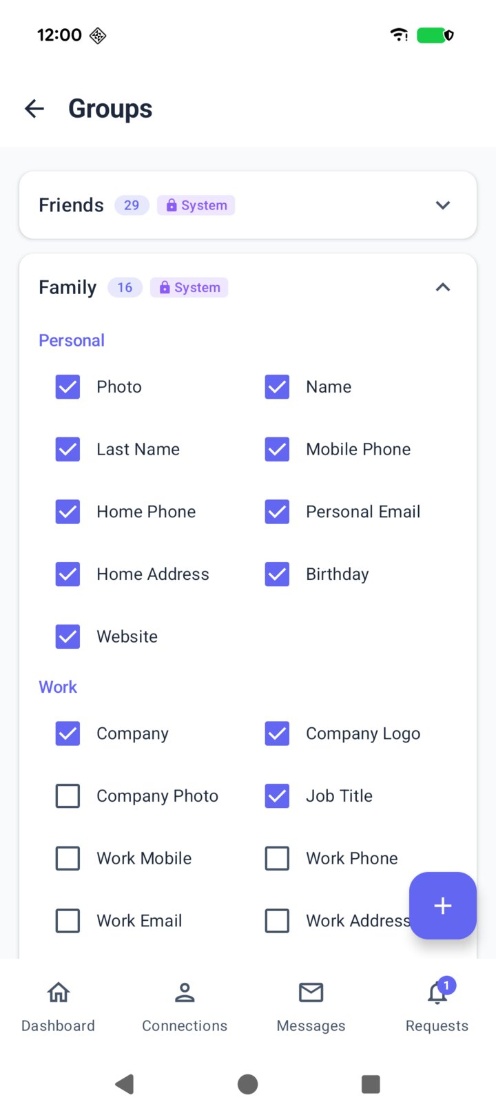 The allme app showing the details Sofia's Family group can see, including her home address and birthday