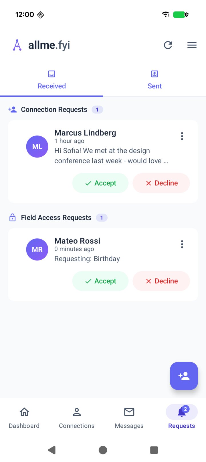 The allme app showing Mateo's request to see Sofia's birthday