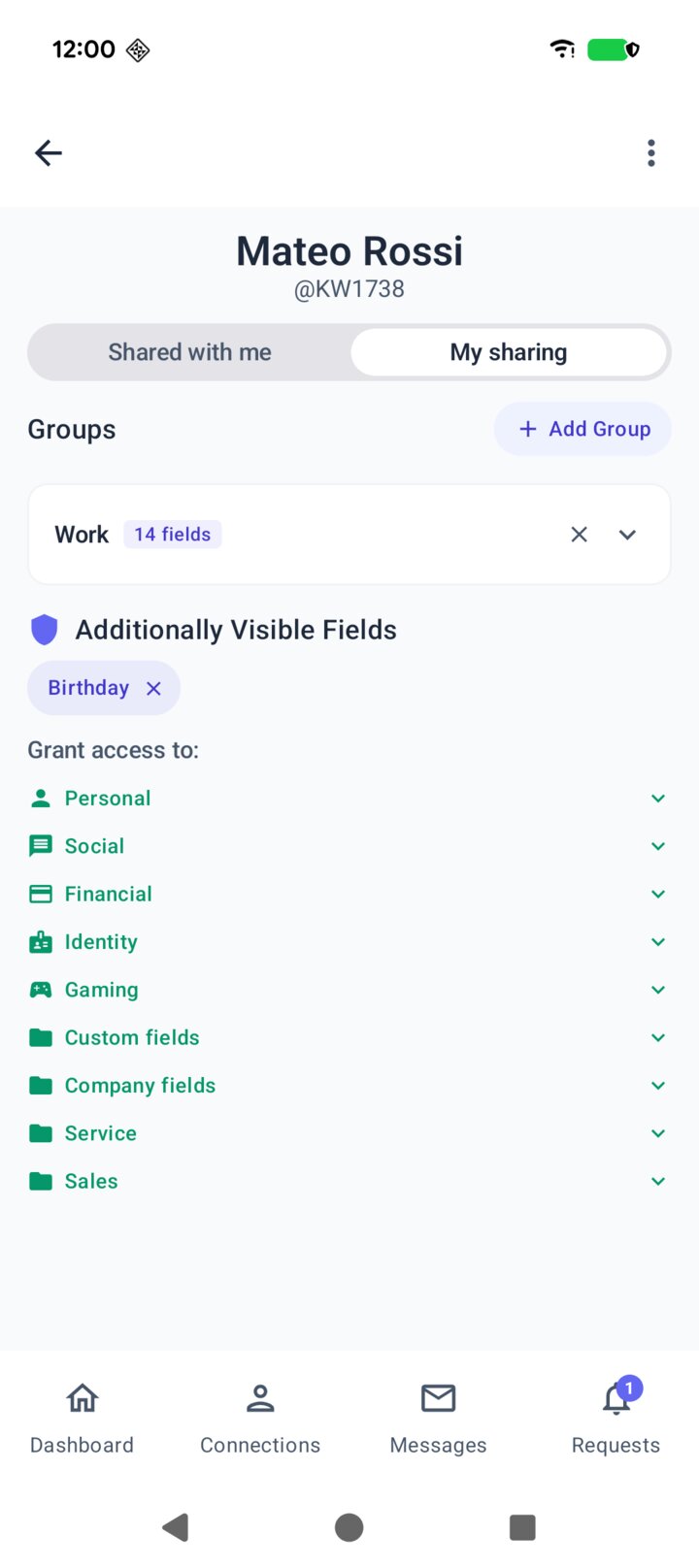 The allme app showing Sofia's connection with Mateo, with her birthday shared with him on top of his group
