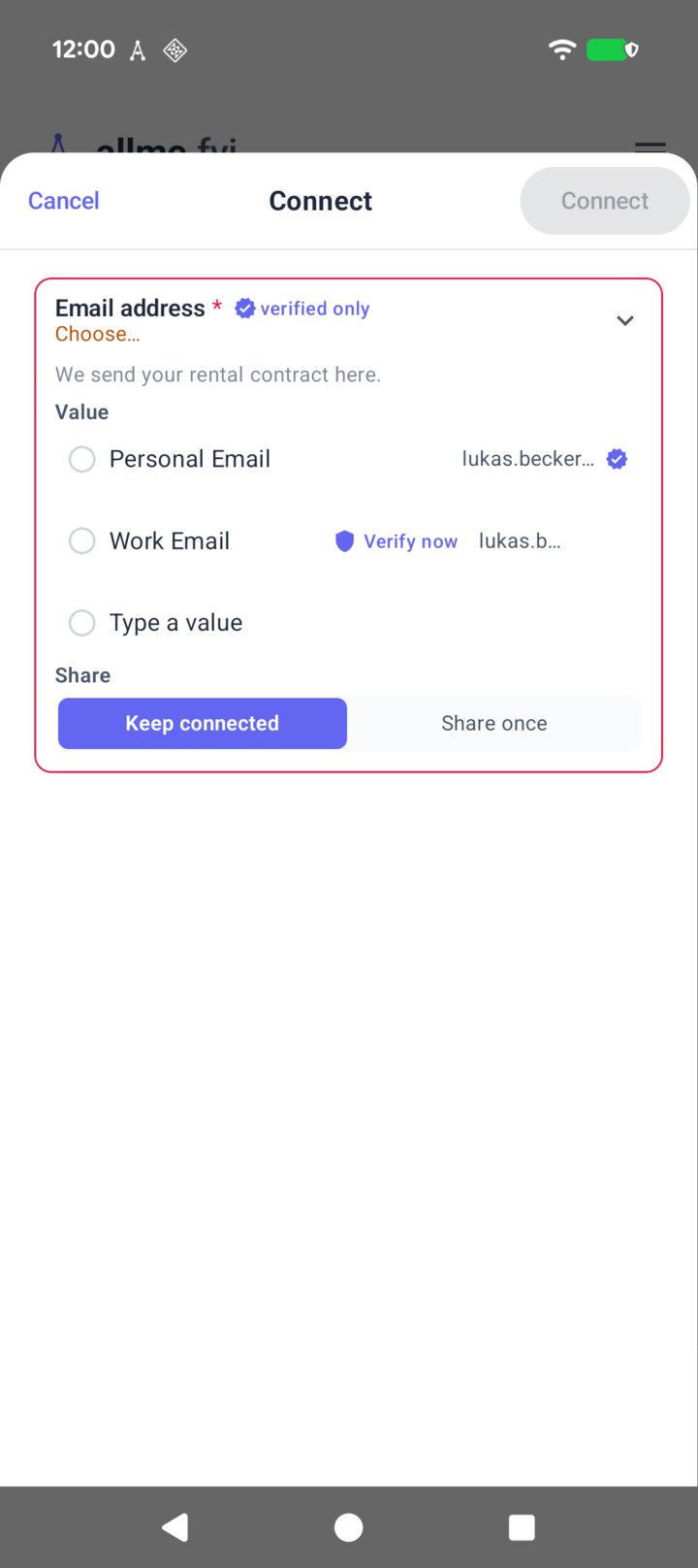 The allme app showing Havel Homes asking for a verified email address, with Verify now next to Lukas's work email