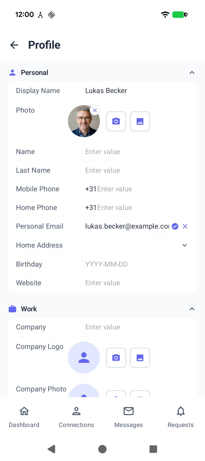 Lukas's profile in the allme app, with a verified mark next to his personal email