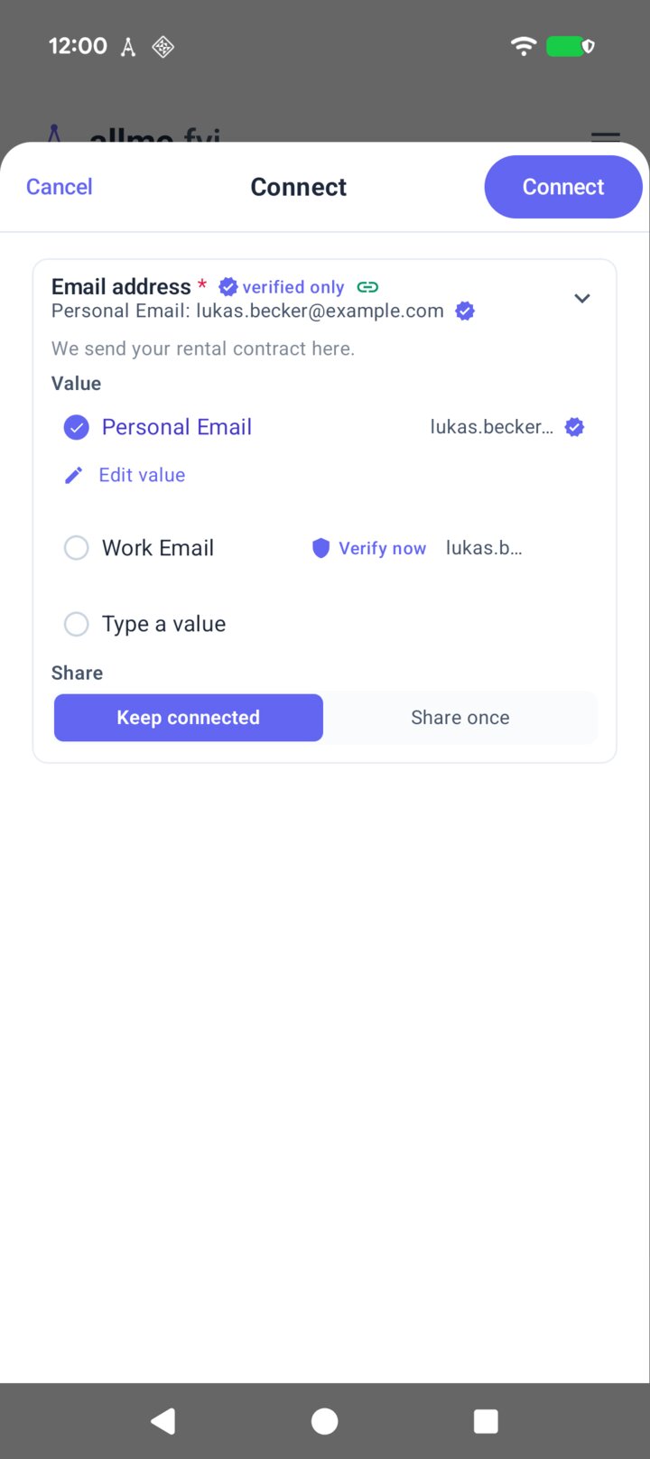The allme app with Lukas's verified personal email chosen to answer Havel Homes' verified-only request