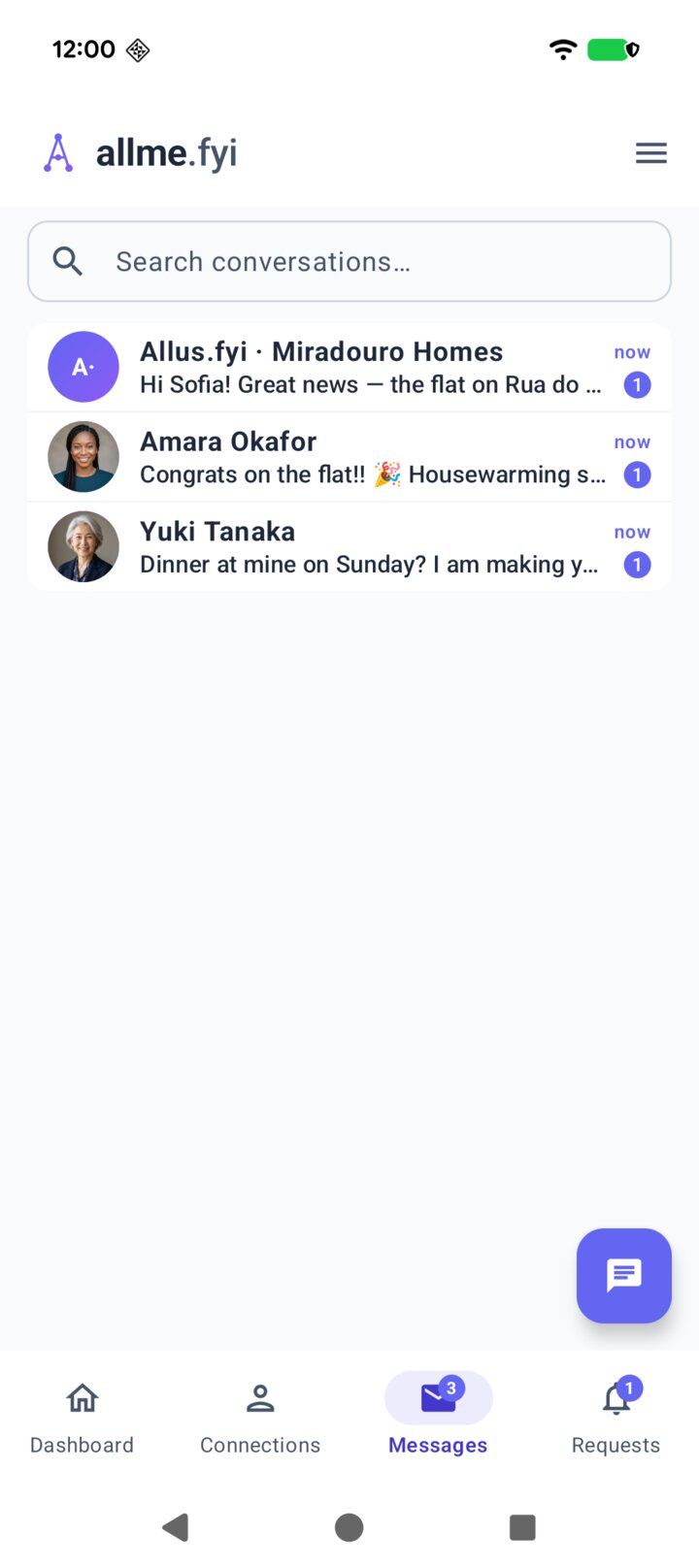 The allme Messages screen, with conversations with a letting agency, Amara Okafor and Yuki Tanaka