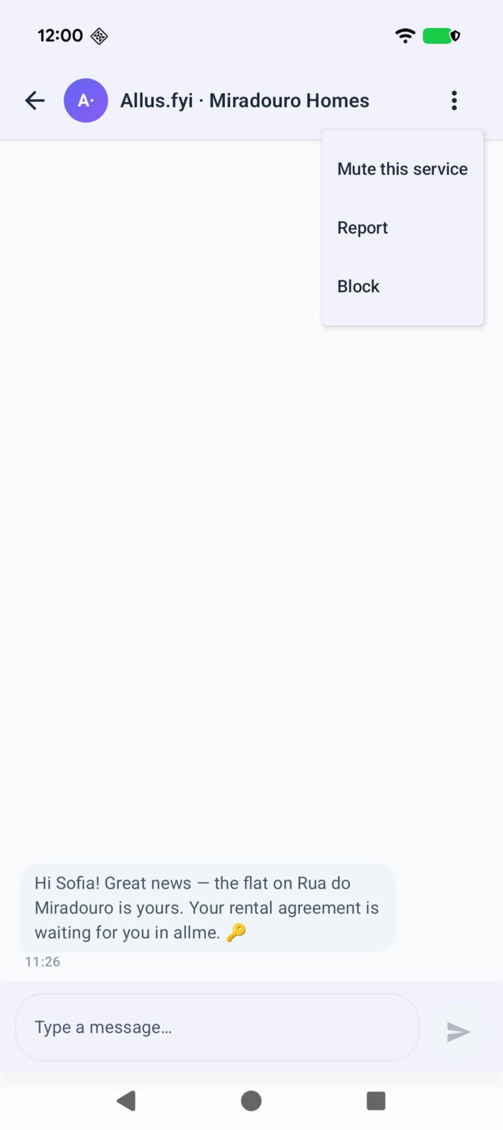 A message from the letting agency Miradouro Homes, with the thread menu open showing Mute this service, Report and Block