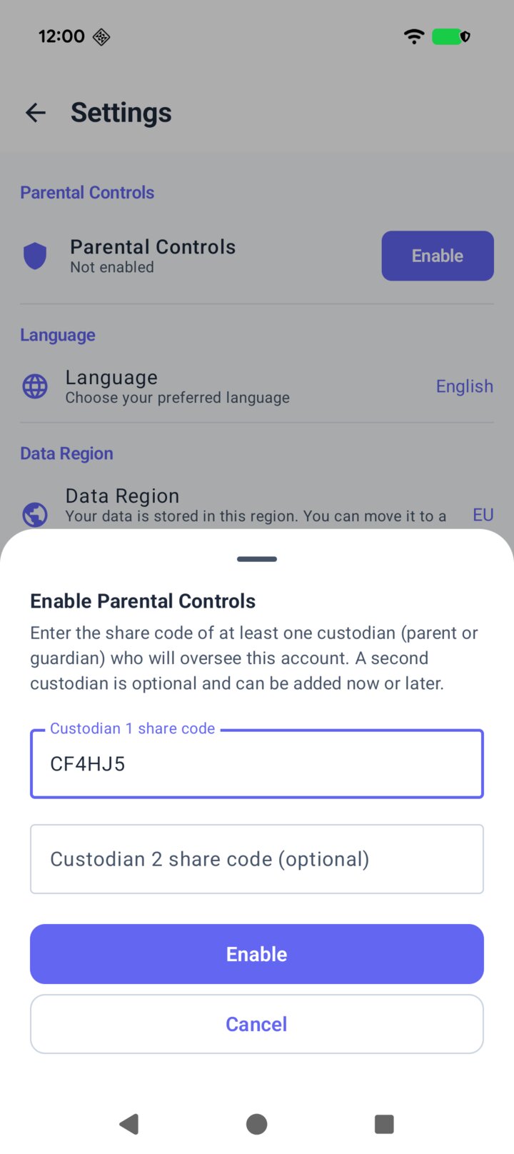 Liam's allme settings with the Enable Parental Controls form, Sofia's share code filled in as his first custodian