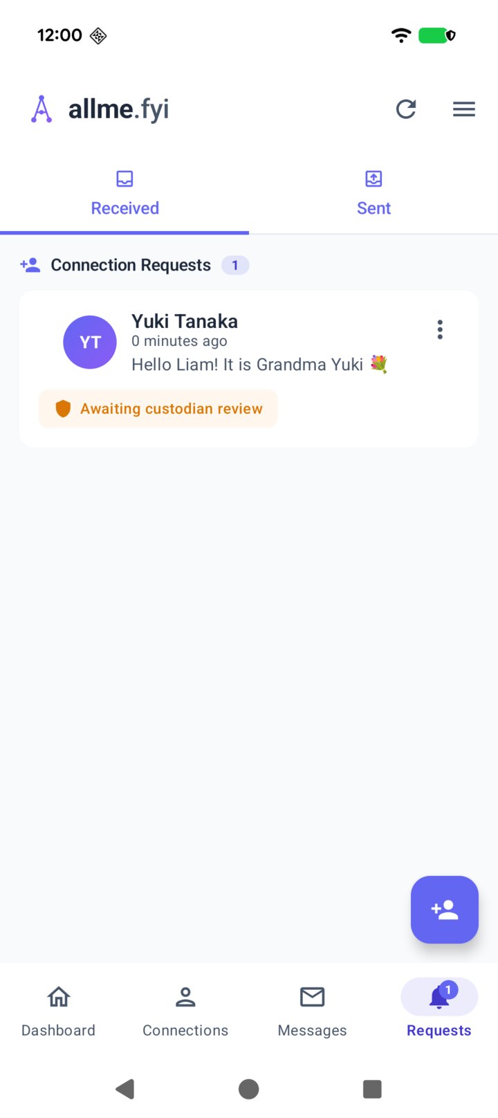 Liam's Requests screen showing Yuki Tanaka's connection request marked Awaiting custodian review