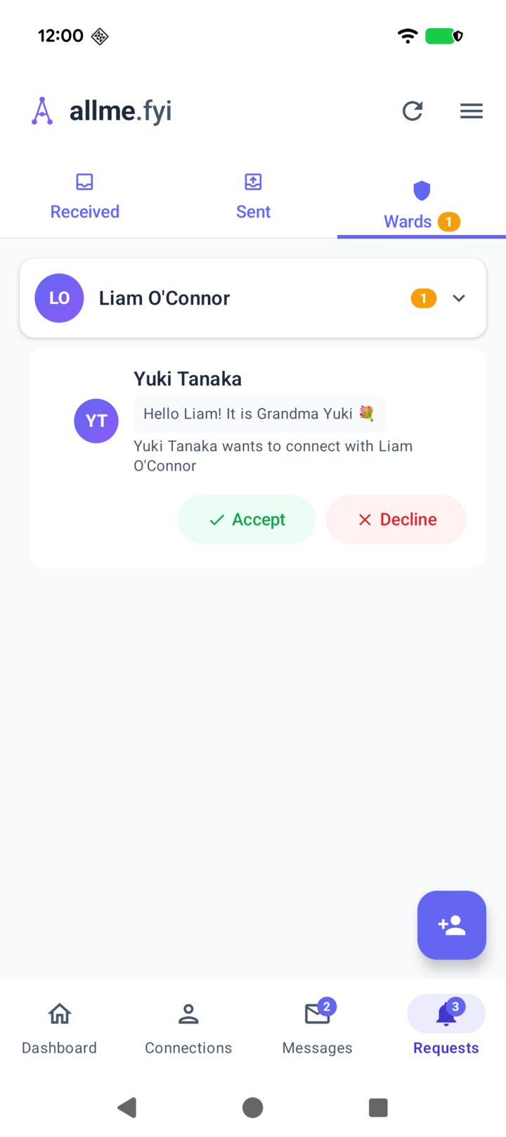 Sofia's Requests screen, Wards tab, showing Yuki Tanaka's request to connect with Liam O'Connor with Accept and Decline