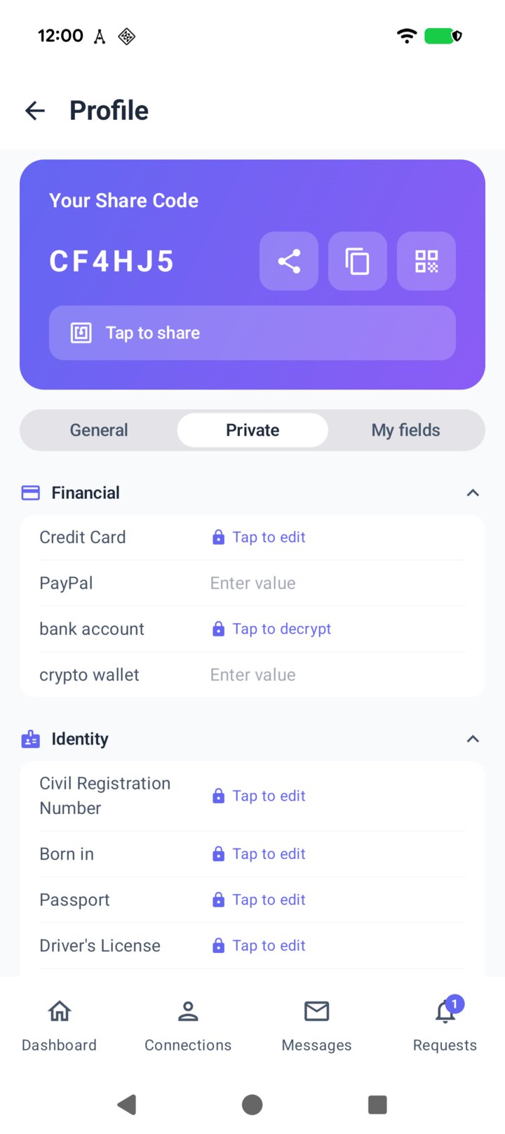 Sofia's private fields in the allme app, with her bank account locked