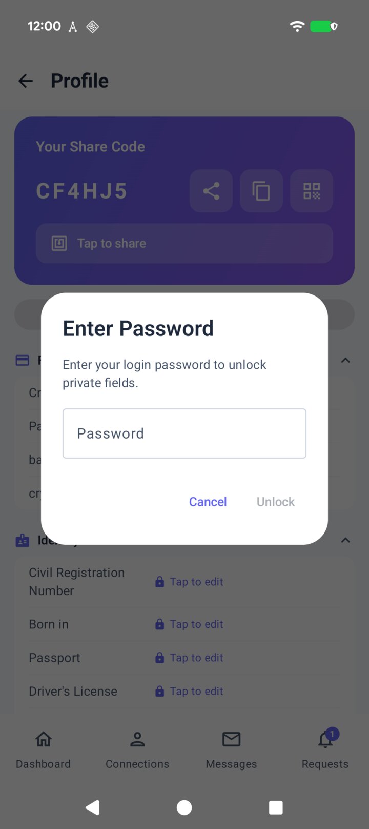 The allme app asking for Sofia's password to unlock her private fields