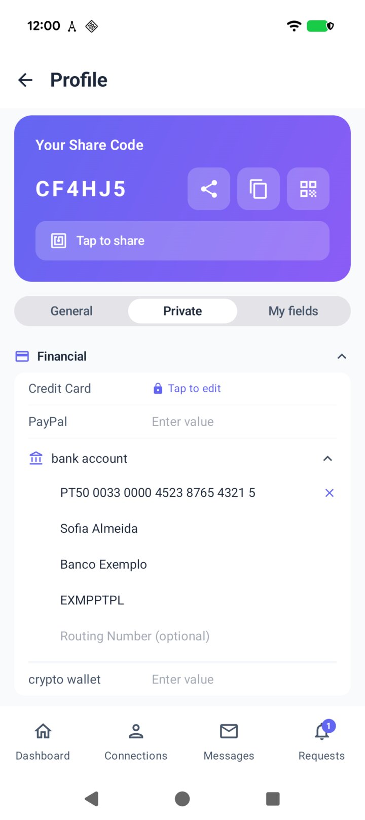 Sofia's bank account details open in the allme app