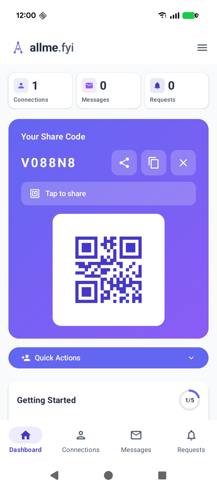 The allme app showing Mei's share code with its QR code