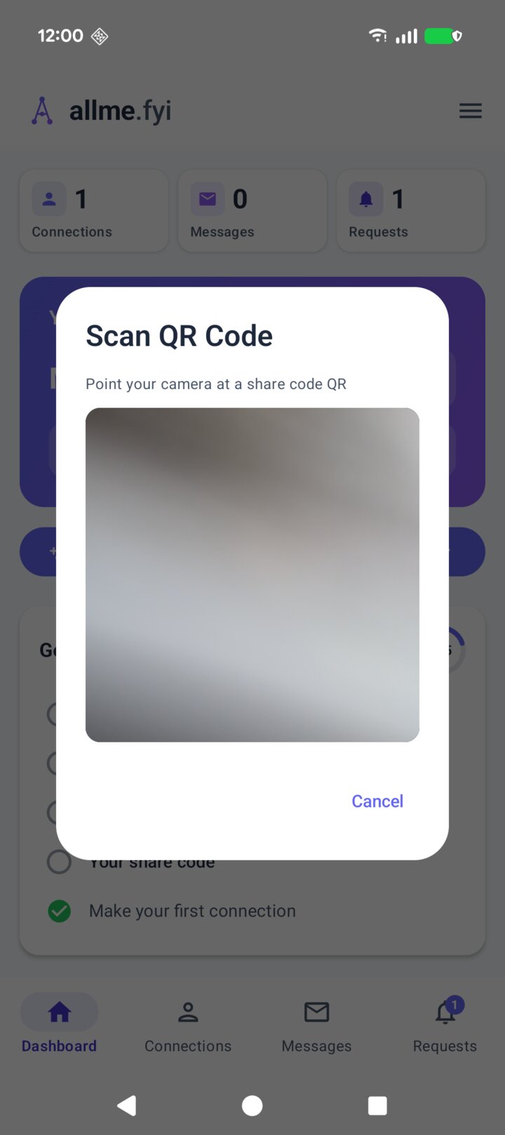 The allme app's QR scanner, ready to scan a share code