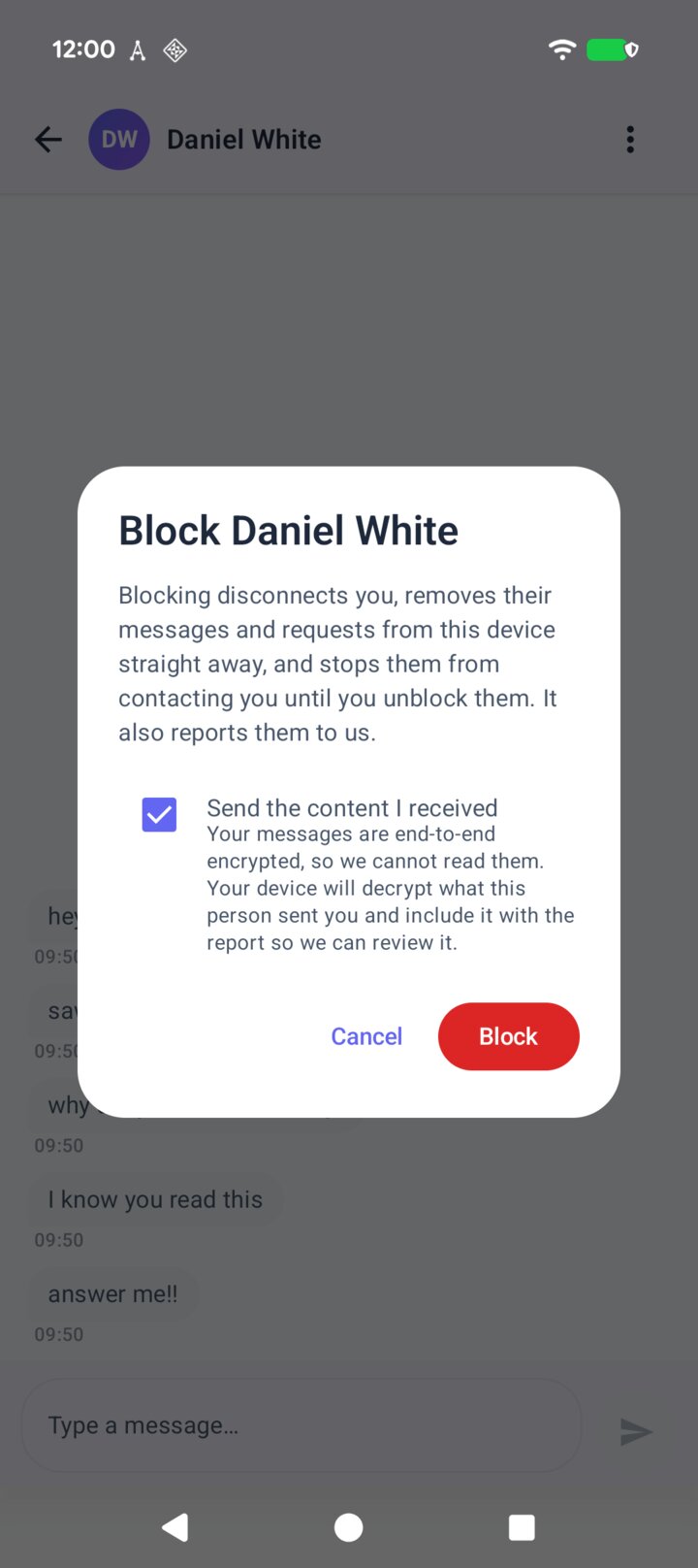 The allme app's Block dialog for Daniel White, with the option to send the messages Mei received