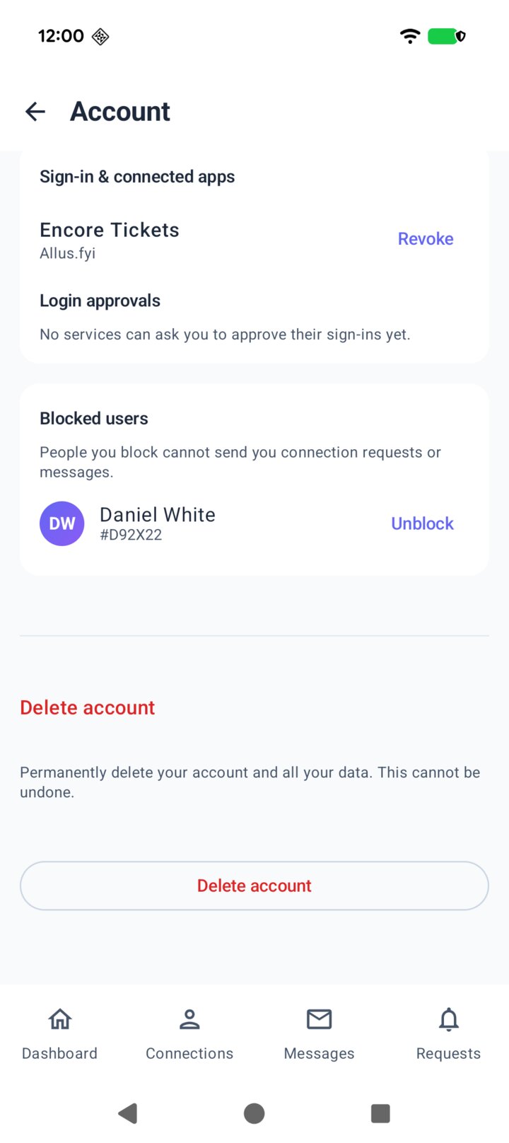 Mei's blocked users in the allme app, showing Daniel White with an Unblock button