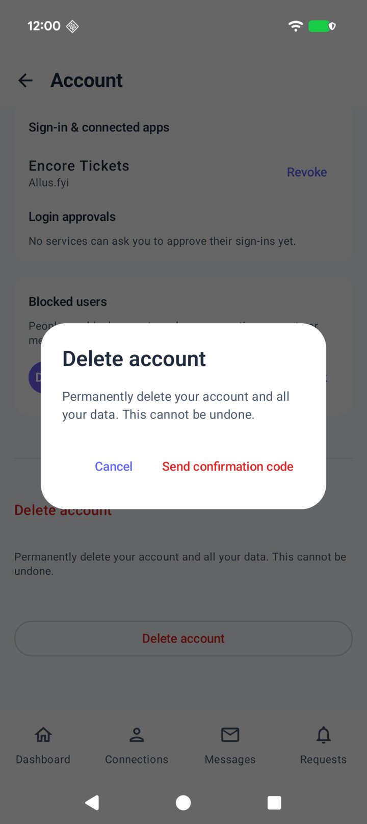 The allme app asking Mei to confirm deleting her account, with a button to send a confirmation code