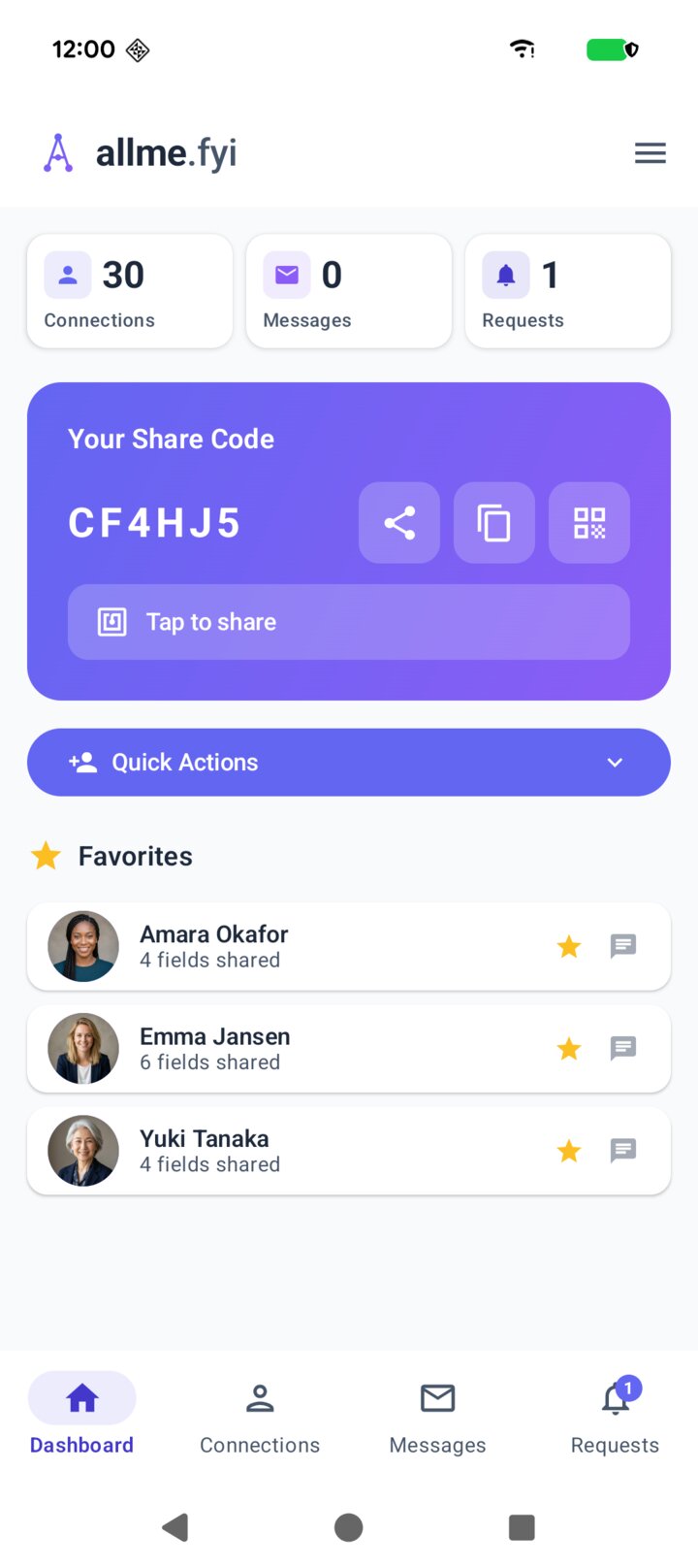The allme app showing Sofia's share code on her dashboard