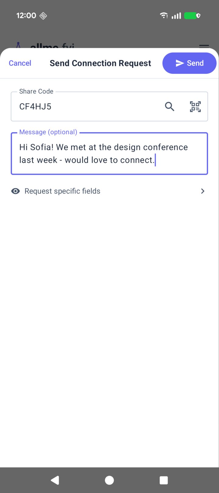 The allme app showing a connection request with Sofia's share code filled in