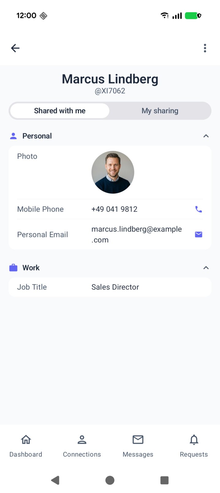 The allme app showing the new connection with the details Marcus shares