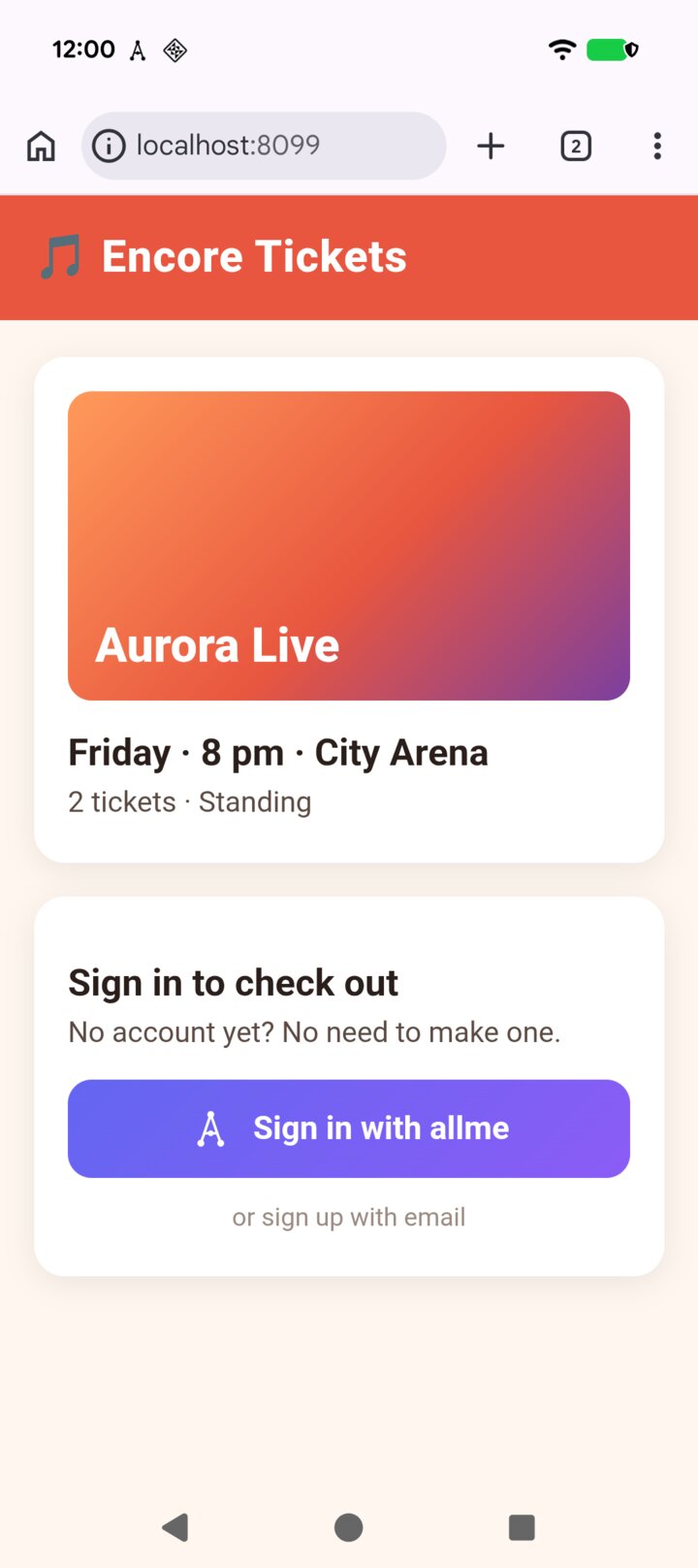 A concert ticket website with a Sign in with allme button
