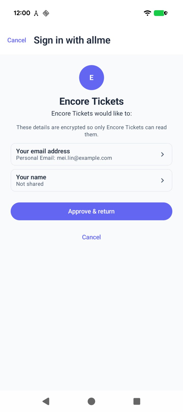 The allme app asking Mei what to share with Encore Tickets: her personal email is chosen and her name is not shared
