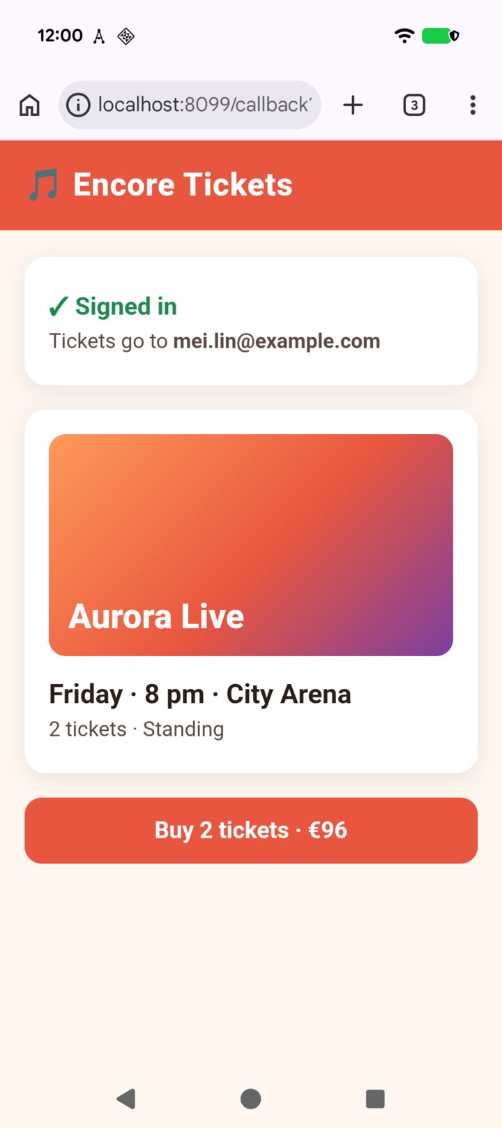 The ticket website after signing in, showing the email address Mei shared