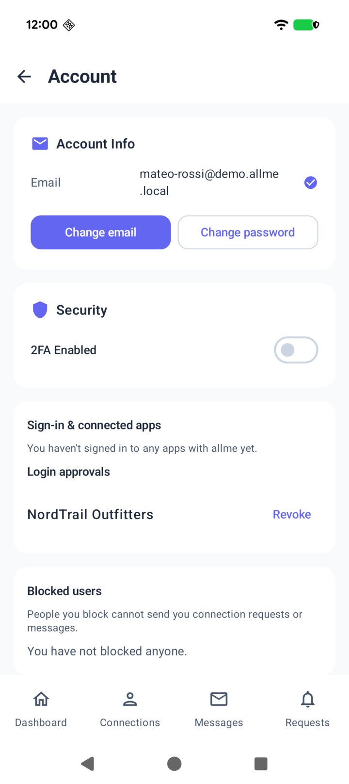 The Account screen of the allme app, listing NordTrail Outfitters under Login approvals
