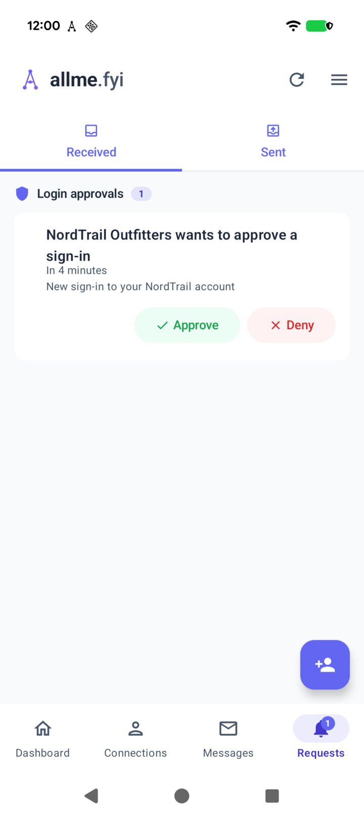The Requests screen of the allme app: NordTrail Outfitters wants to approve a sign-in, with Approve and Deny